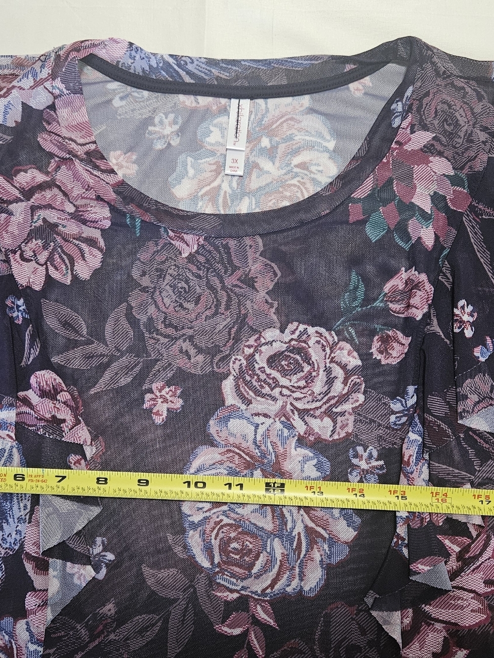 Xhilaration Navy Purple Floral Mesh Ruffle Long Sleeve Knee Length Dress 3X - Picture 3 of 6